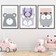 Kids Wall Art Sketch Woodland Animals Nursery Poster Prints Framed | Pink Owl | Lilac Deer | Grey Bear