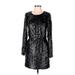 Rachel Zoe Cocktail Dress - Mini Scoop Neck Long sleeves: Black Print Dresses - Women's Size 6