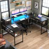 Inbox Zero Manasa 82.7" U-Shaped Computer Desk w/ LED Strip & Outlets, Home Office Desk w/ Monitor Stand Wood/Metal in Black | Wayfair