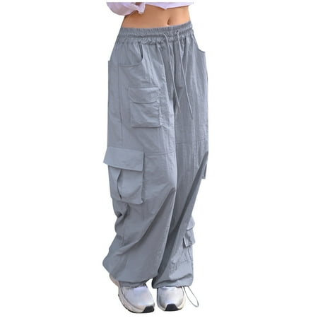 RYRJJ Baggy Parachute Pants for Women Drawstring Elastic Low Waist Ruched Cargo Pants Multiple Pockets Jogger Y2K Streetwear Pants(Gray S)