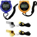 Digital Sport Stopwatch Timer - 2 Stainless Steel Whistles Set