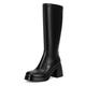Dsevht Black Leather Knee High Boots for Women Platform Chunky Block Heeled Boots Round Toe Fashion Dress Boots, Black, 9.5