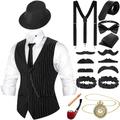 Neer 1920s Mens Costume Accessories Outfit with Gangster Vest Fedora Hat Vintage Pocket Watch Bow Tie Suspenders Accessories (Black White Stripe,XX-Large)