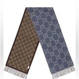 Gucci Accessories | New Gucci Jacquard Knit Gg Monogram Scarf In Denim Blue And Brown | Color: Blue/Brown | Size: Os