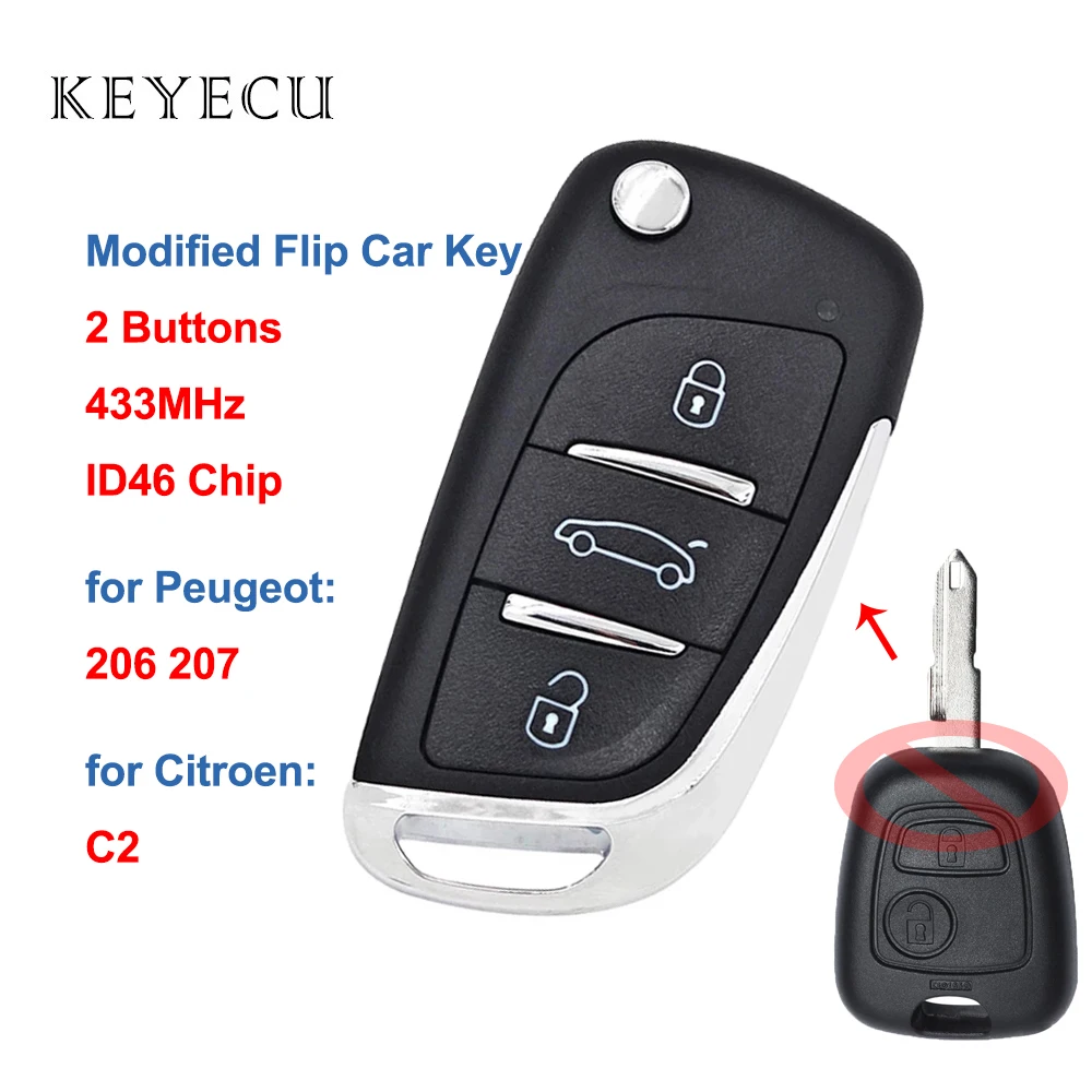 Keyecu – clé télécommande pliable à 2 boutons 433MHz, avec puce électronique ID46, pour voiture Peugeot 206 207 et citroën C2