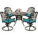 MEETWARM 5-Piece Outdoor Patio Dining Set All-Weather Cast Aluminum Patio Conversation Set for Backyard Garden Deck with 4 Cushions Swivel Rocker Chairs and 35.4 Round Table Ocean Blue