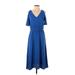 Ann Taylor Casual Dress - Midi V Neck Short sleeves: Blue Print Dresses - Women's Size 4