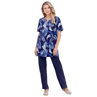 Plus Size Women's Print Notch Neck Soft Knit Tunic by Roaman's in Navy Palm Print (Size 4X) Short Sleeve T-Shirt