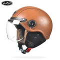 Demi-casque de moto en cuir rétro pour homme casques de moto vintage lentilles HD capuchon de