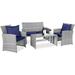 4-Piece Outdoor Wicker Patio Conversation Furniture Set for Backyard Deck Poolside w/Coffee Table Seat Cushions - Gray Wicker/Navy Cushions