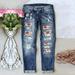 hcuribad Baggy Jeans Boyfriend Jeans for Women Ripped Jeans Womens Womens Jeans Baseball Print Pants Dark Blue M