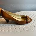 Ralph Lauren Shoes | Lauren Ralph Lauren Ralph Cognac Opentoe Pumps With Gold Buckle Detail | Color: Brown | Size: 8