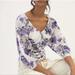 Anthropologie Tops | Anthropologie V-Neck Ruched Knit Top White Purple Floral 3/4 Sleeve | Color: Purple/White | Size: S