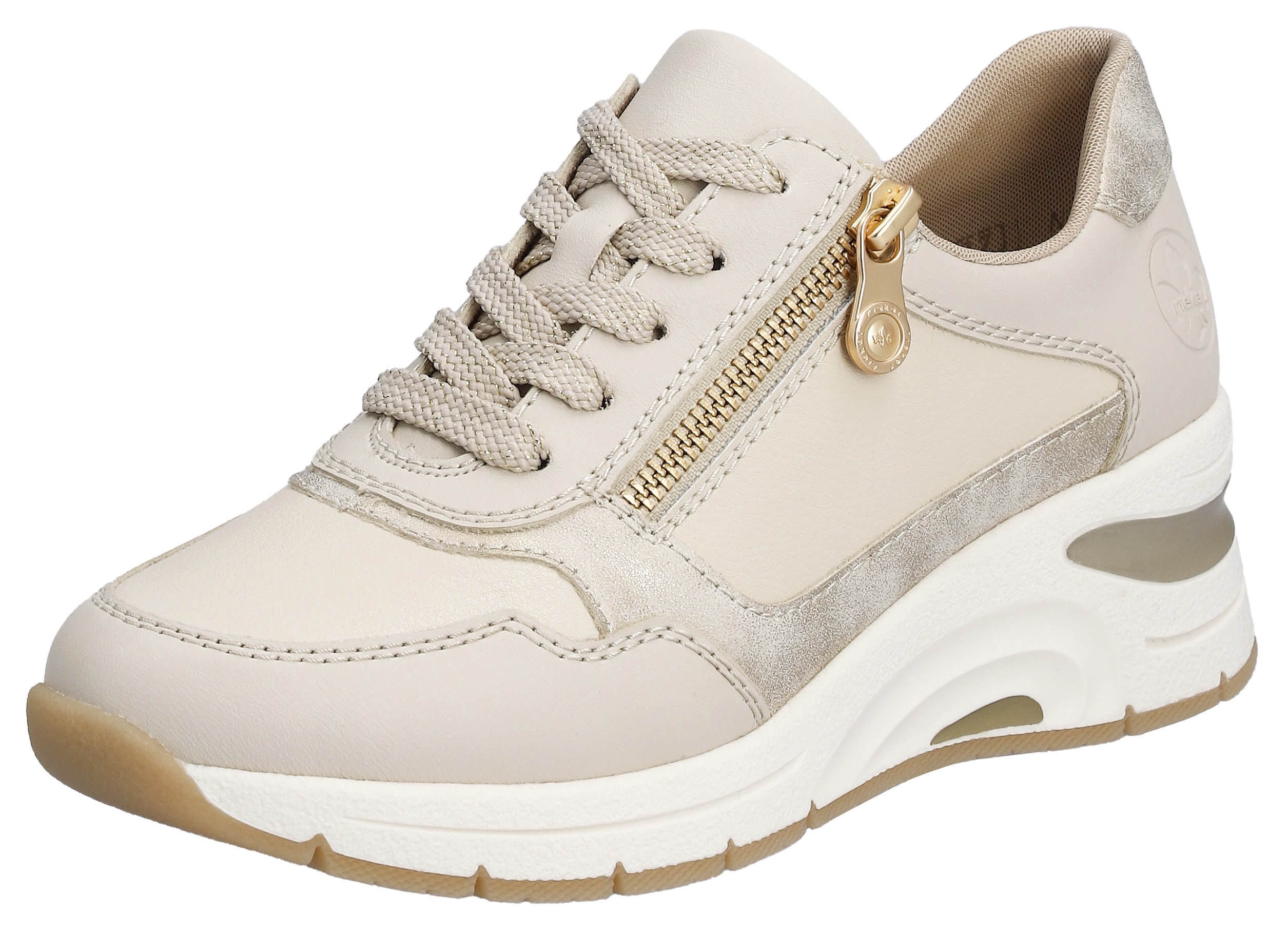 Sneaker RIEKER, Damen, Gr. 38, beige (hellbeige), Leder, Lederimitat, Schuhe Sneaker, mit seitlichem Reißverschluss,Freizeitschuh,Schnürschuh, schmale Form