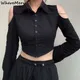 WhererMery-Blouse noire sexy à manches longues pour femmes cardigan boutonné à col polo vêtements