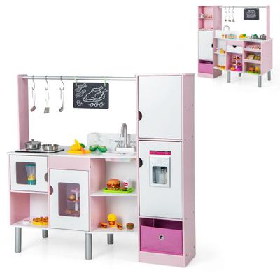 Costway 2-in-1 Double-sided Kids Kitchen and Market with Realistic Light and Sound-Pink