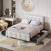 Full/Queen Size Bed Frame with 4 Storage Drawers, Upholstered Platform Bed with Headboard and LED Lights, Linen Fabric