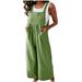 REORIAFEE Flowy Rompers for Women Crew Neck Sleeveless Jumpsuit Solid Color Spaghetti Strap Womens Jumpsuit Linen Cotton Pocket Wide Leg Side Button Jumpsuit Womens Bodysuit Green S