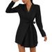 Black Party Dresses Casual Elegant Dress Solid Color Long Sleeve Waist Tie Pleated Suit Dress Formal Dresses for Women Size S