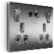 BG Screwless Flatplate Brushed Steel Double Switched 13A Power Socket With Usb Charging - 2X Usb Sockets (3.1A) - Grey Insert -