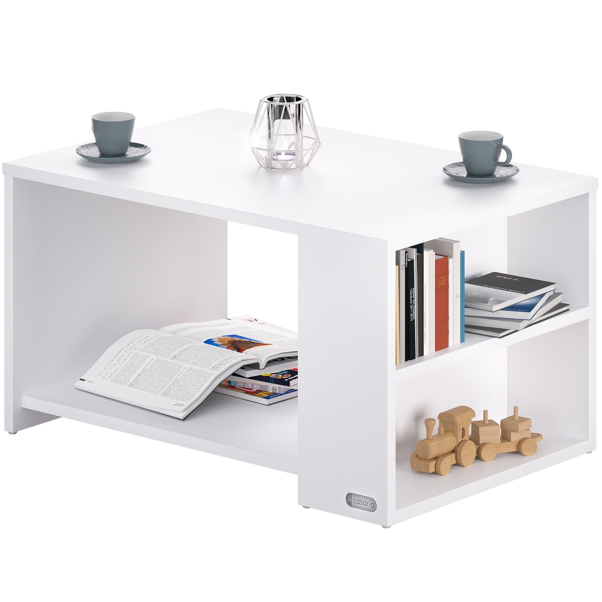 CASARIA® Couchtisch Holz Weiß mit Stauraum 2 Fächer 90x60x50cm Wohnzimmertisch Image