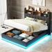 Full/Queen Size Upholstered Platform Bed with Bookcase Headboard, PU Lift Up Storage Bed Frame with LED Lights and USB Charger