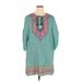 Urban Coco Casual Dress - Shift Tie Neck 3/4 sleeves: Teal Dresses - Women's Size X-Large