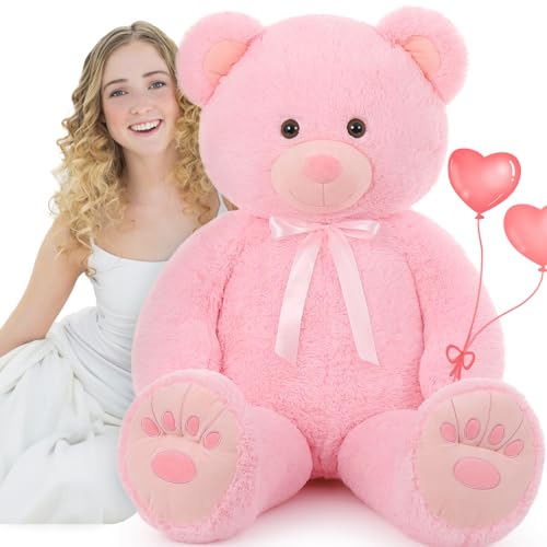 MorisMos Big Teddy Bear 130cm, XXL Pink Teddy Bear for Girlfriend, Cuddly Giant Soft Teddy Plush Toy, Large Fluffy Teddies Gift for Kids Wife Mum Birthday Mothers Day Deco