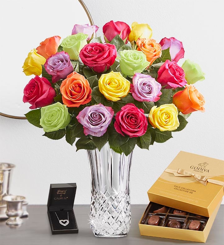 1-800-Flowers Flower Delivery Two Dozen Assorted Roses W/ Luxury Posh Vase W/ Posh Vase, Necklace & Godiva Chocolate