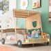 Twin/Full Size Kids Car Bed with Pillow, Ceiling Cloth and LED Light, Playhouse Bed Frame, Kids Canopy Bed, Wood Platform Bed