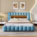 Platform Bed with USB, Wooden Bed with Large Underneath Storage, Queen Size Upholstered Bed with LED Headboard, Blue