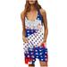 REORIAFEE Womens Summer Romper Shorts Scoop Neck Sleeveless Playsuit Flag Print Spaghetti Strap Onesie Jumpsuit for Women Independence Day Short Jumpsuit Romper With Pockets White L