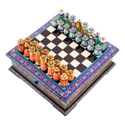 Luxurious Days in Bukhara,'Purple Floral Walnut Wood Chess Set with Desert Scene'