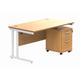 Double Upright Rectangular Desk + 2 Drawer Mobile Under Desk Pedestal 1400X800 Norwegian Beech/White