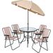 Folding Patio Dining Set, 6-Piece Outdoor Dining Set with Tilted Umbrella, 4 Folding Beige Chairs, 1 Round Tempered Glass Table