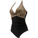 REORIAFEE Womens Swimsuit Leopard Print Swimwear Sexy V Neck Halter Top with Bikini Bottom Bathing Suits with Elastic Openings 2024 Summer Athletic Swimming Swimwear Brown XL