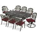 MEETWARM 9-Piece Outdoor Patio Dining Set All-Weather Cast Aluminum Patio Conversation Set with 2 Swivel Rocker Chairs 6 Stationary 1 Oval Table 8 Cushions 2.2 Umbrella Hole Chili Red