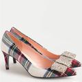 J. Crew Shoes | J Crew Colette Pumps Sz 12 Stewart Tartan Glitter Bow Heels | Color: Red/White | Size: 12