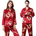 MIYAA Women's Satin Pajamas Set,Women Silk Satin Pajamas Set Men 2Pcs Long Sleeve Sleepwear Chinese Style New Year Dragon Print Rayon Couple'S Pyjamas Set Pjs Loungewear Plus Size,Women Black,Xl