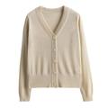 CuLtP Women'S Lightweight V-Neck Cardigan Jumper, Button Down Ribbed Knit Outerwear Open Front Tops With Bright Silk, Daily Office Bolero Knitwear For Ladies,Beige,L
