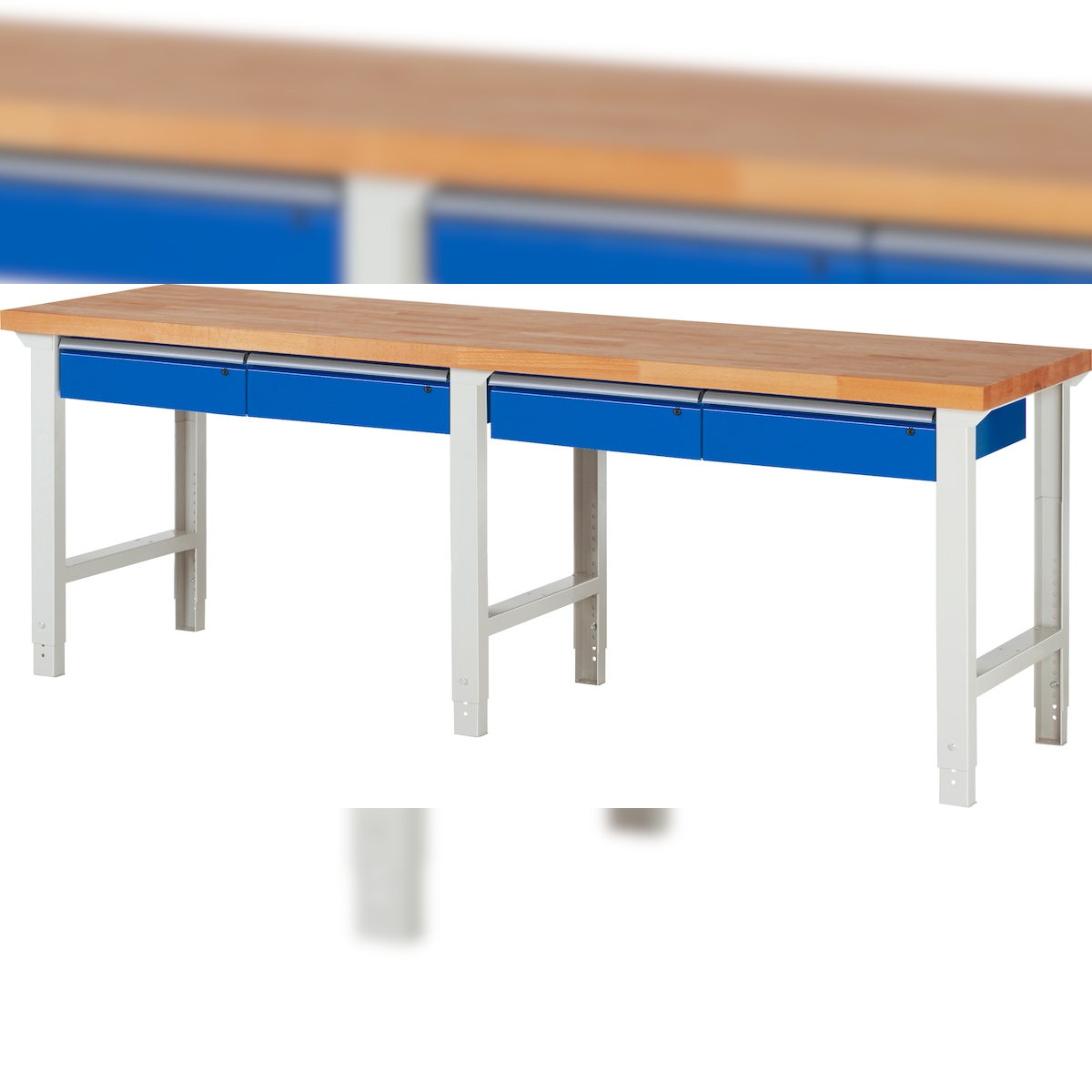 PROREGAL Werkbank Serie 7000 - Modell 7002 | HxBxT 79-114x250x70cm | 4x Schublade | Schubladenmaße 4x150mm | Lichtgrau | Arbeitstisch Werktisch Image