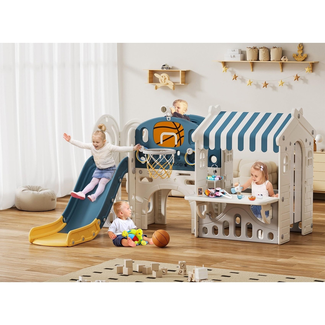 10 in 1 Toddler Slide with Basketball Hoop, Outdoor Slide for Toddlers Age 1-3 with Kid Playhouse