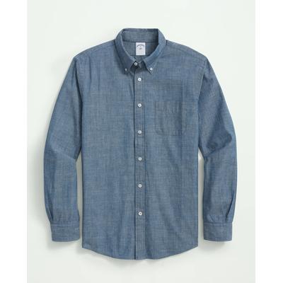 Brooks Brothers Men's Chambray Cotton Poplin Polo Button Down Collar, Sport Shirt | Dark Blue | Size Medium