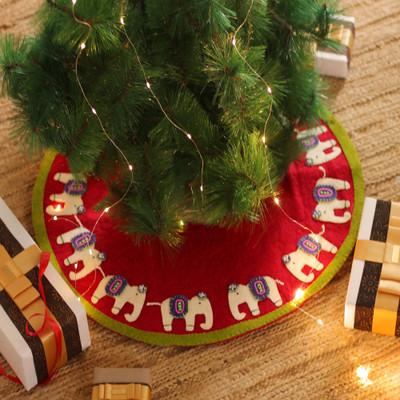 'Handmade Elephant-Themed Red and Green Wool Felt Tree Skirt'