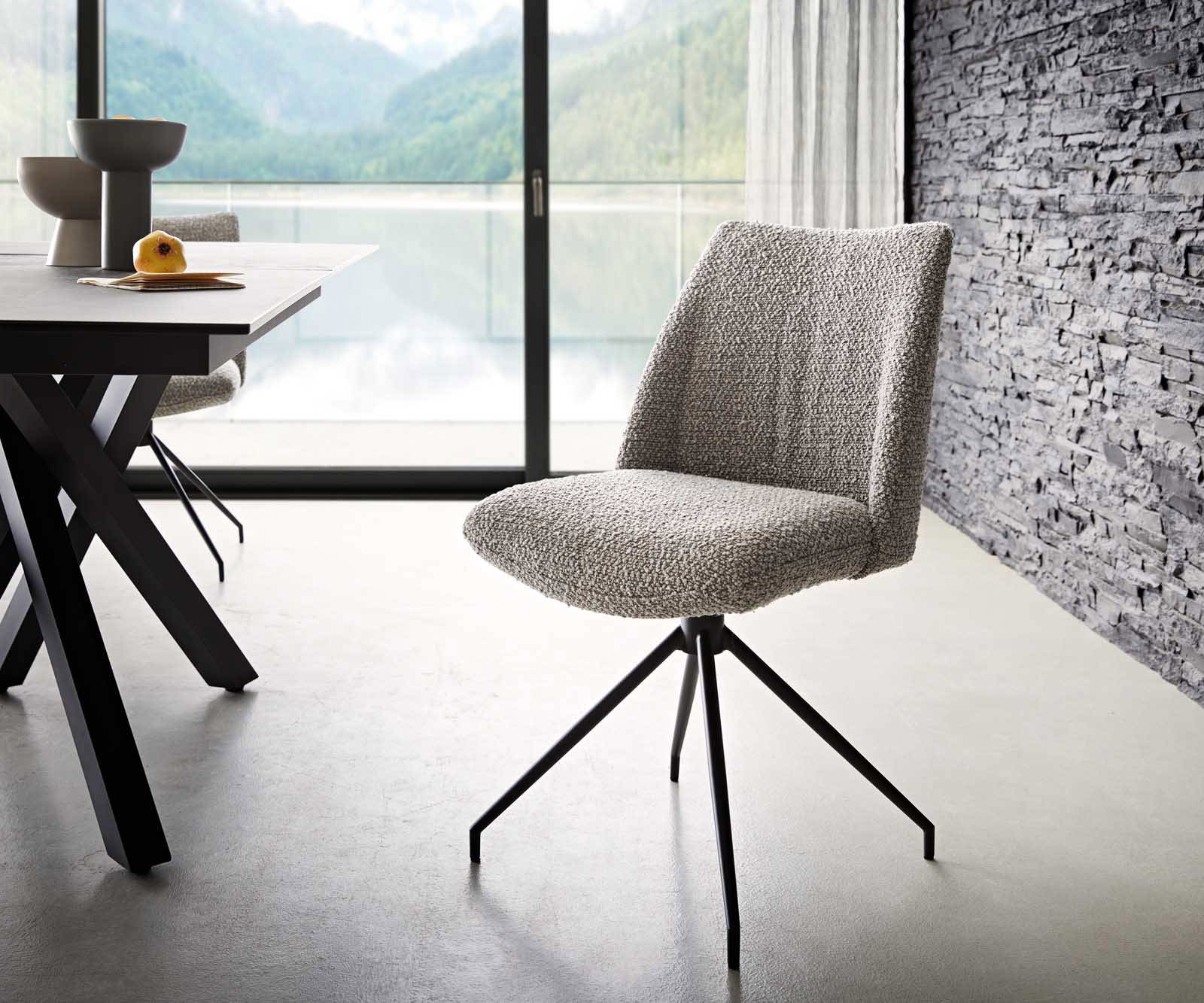 DELIFE Drehstuhl Elso-Flex Bouclé Silbergrau Kreuzgestell konisch Schwarz 180° drehbar Taschenfederkern, Esszimmerstühle Image