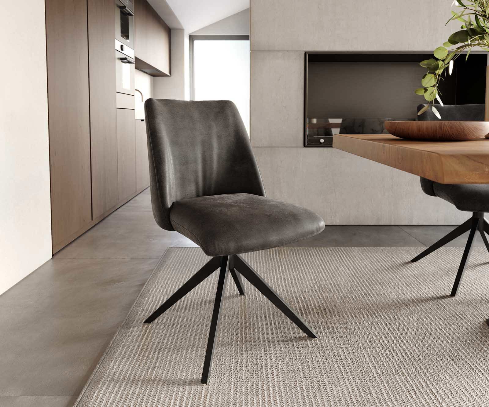 DELIFE Drehstuhl Elso-Flex Mikrofaser Anthrazit Vintage Kreuzgestell breit Schwarz 360° drehbar Taschenfederkern, Esszimmerstühle