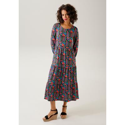 Jerseykleid ANISTON CASUAL, Damen, Gr. 38, N-Gr, bunt (schwarz, smaragd, pink, royalblau, orange), Single Jersey, Obermaterial: 95% Polyester, 5% Elasthan, bedruckt, gemustert, leicht glänzend, modisch, figurumspielend wadenlang, Rundhals, Langarm... Image