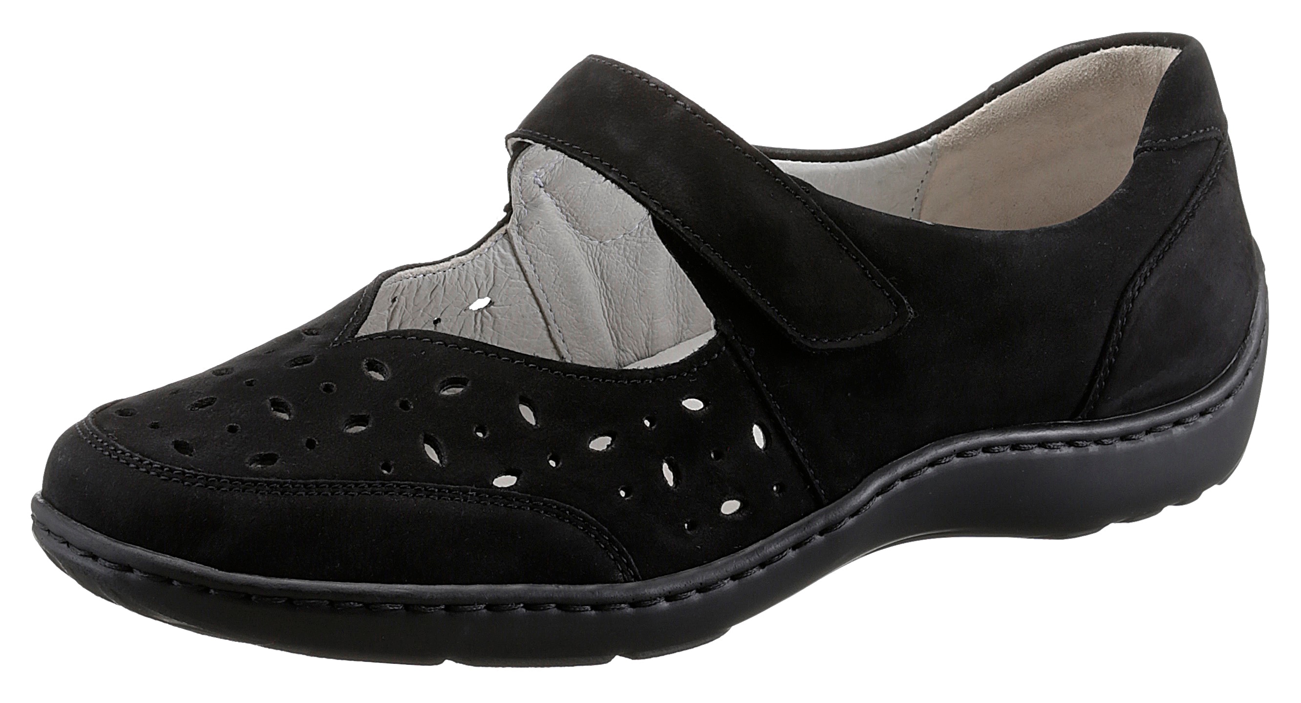 Ballerina WALDLÄUFER "HENNI", Damen, Gr. 6 (39), schwarz, Nubukleder, Schuhe Ballerina, Klettschuh, Komfortschuh mit Perforation, H-Weite
