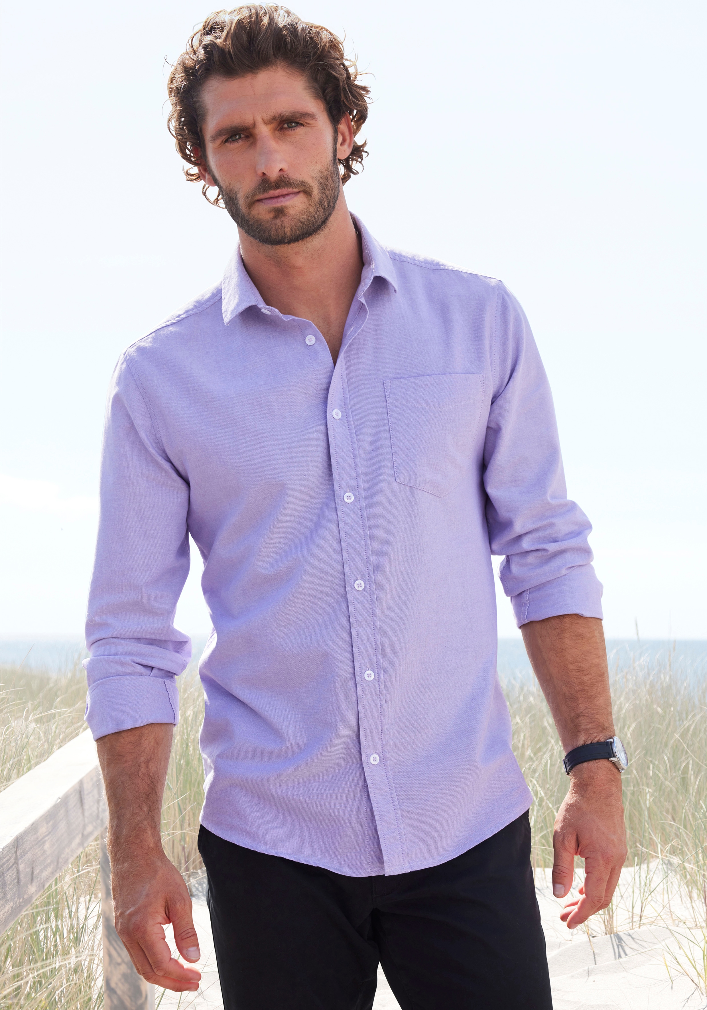 Langarmhemd H.I.S, Herren, Gr. XL (43/44), N-Gr, lila, Web, Obermaterial: 100% Baumwolle, unifarben, regular fit, Rundhals, Manschette, Hemden, mit Kentkragen, Oxford-Qualität aus reiner Baumwolle