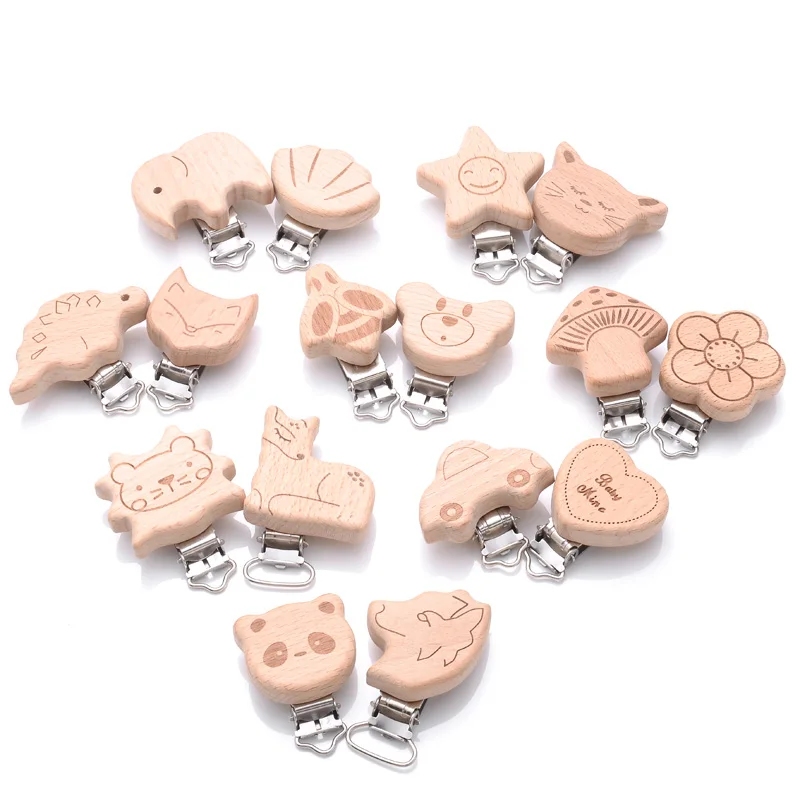 Pince factice en bois de hêtre avec impression d'animaux, 1 pièce, pince à tétons pour anneau de dentition, jouets à mâcher, accessoire de bricolage, chaîne de sucette Anti-chute pour bébé